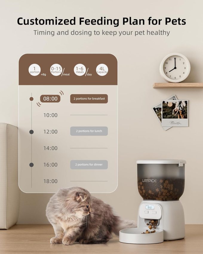 Automatic Cat Feeder, 4L Detachable Cat Food Dispenser for Dry Food Up to 15 Portions(8g/Portion) 6 Meals Per Day